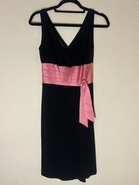 Kay Unger Silk Y2K Black Midi Dress with Pink Waist Sash